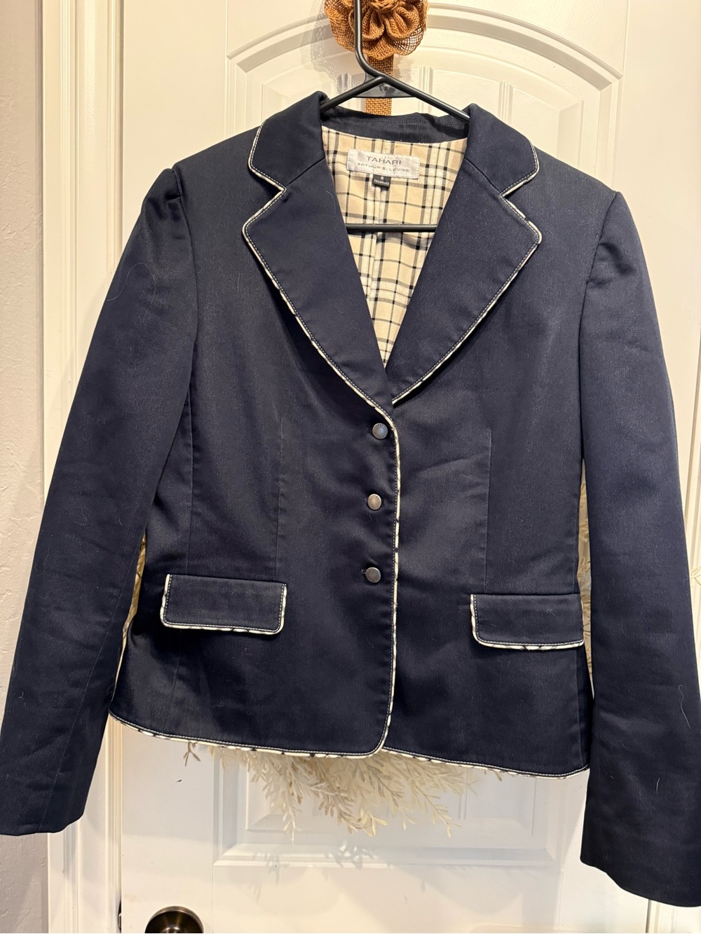 Tahari Navy Blazer with White Trim